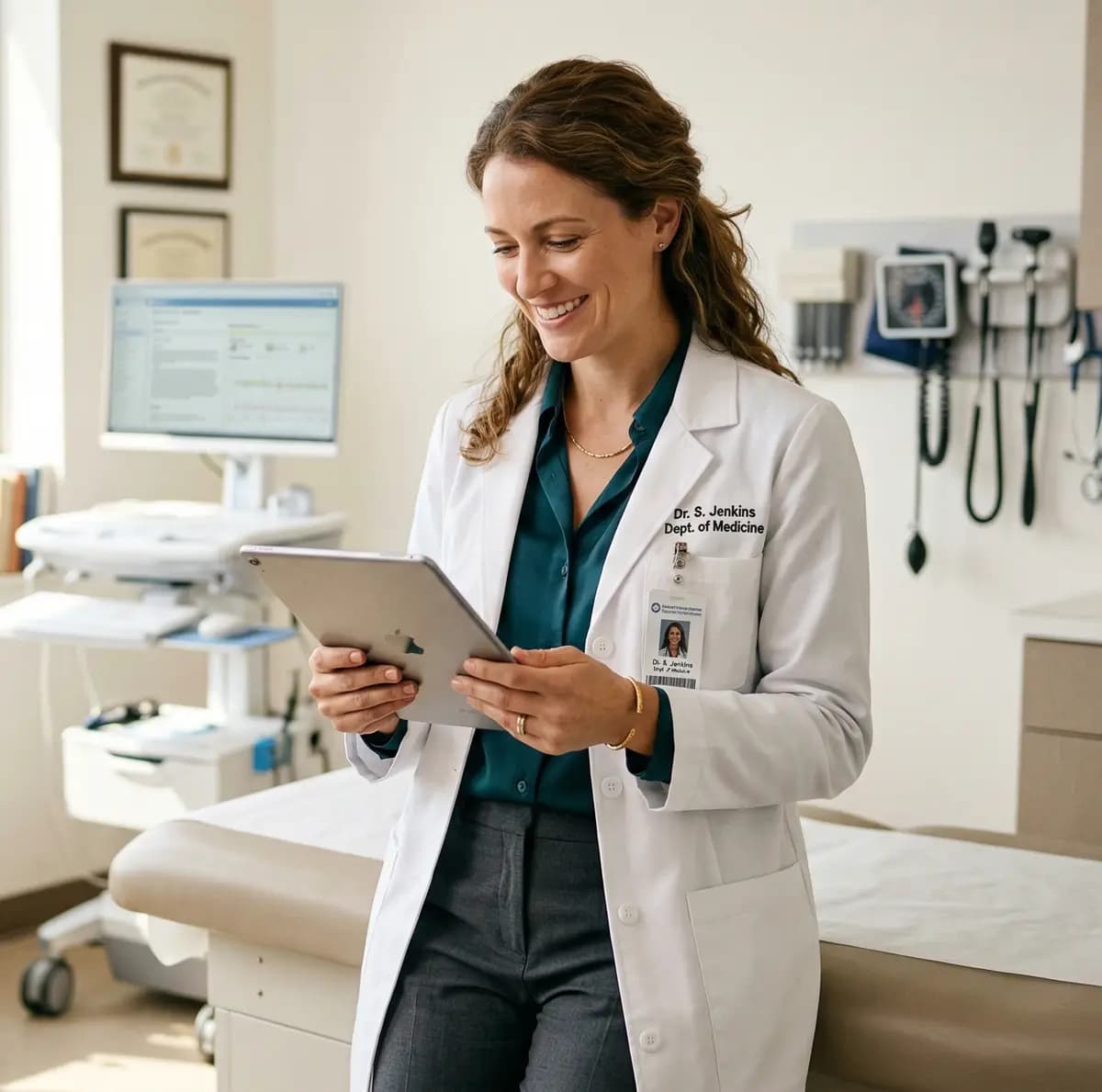 Physician reviewing clinical notes on a tablet in a modern exam room